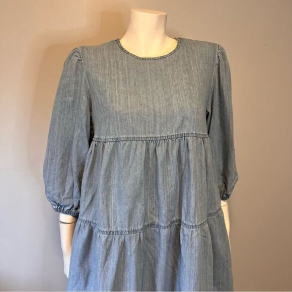 Mango Denim Tiered Smock Cotton Dress with Puff Sleeves in Blue Size 6 - Picture 7 of 11